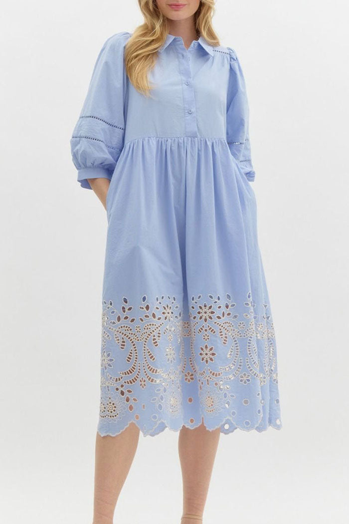 Puff Sleeve Hollow Embroidered Pocket Dress