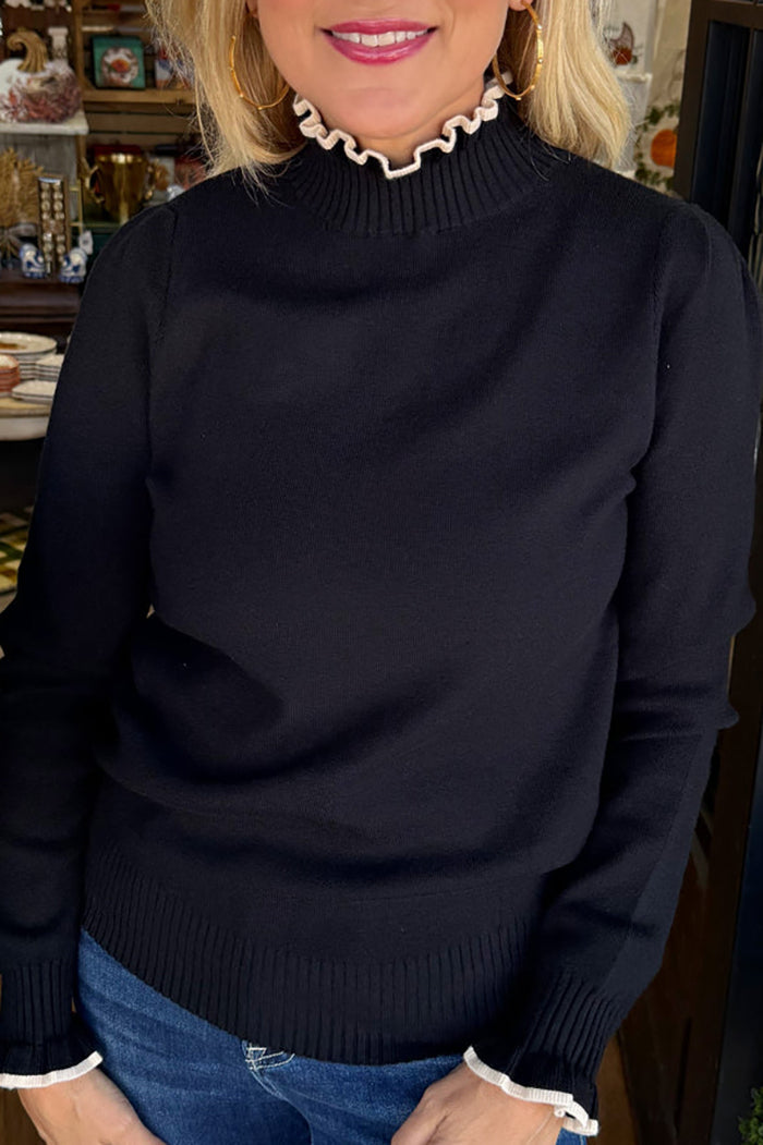 Ruffle-Trim Mock Neck Sweater