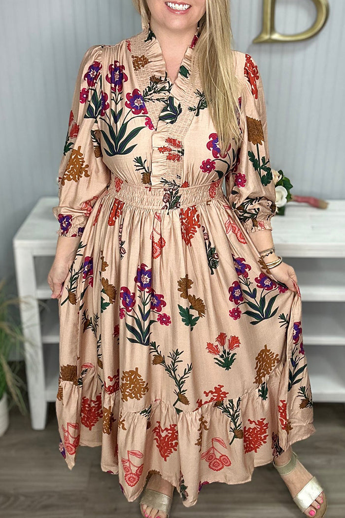 Floral Elastic Waist V Neck Long Dress