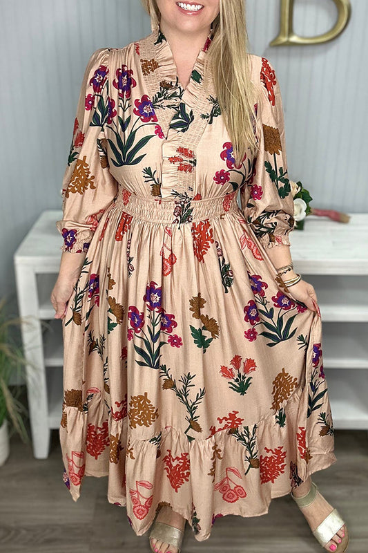 Floral Elastic Waist V Neck Long Dress