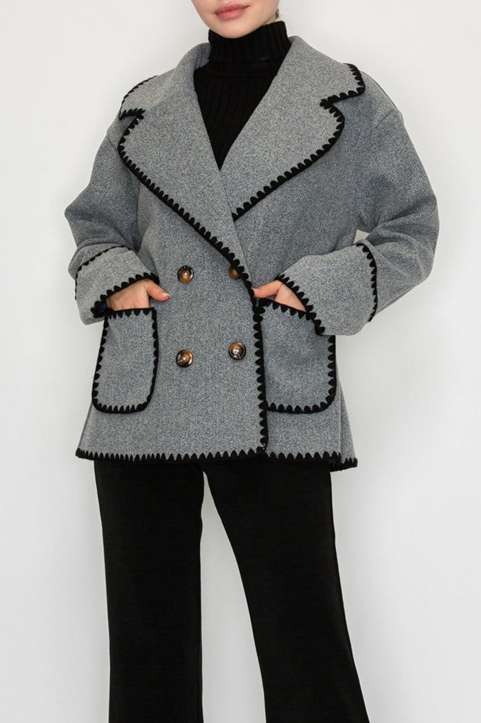 Pocketed Contrast Trim Double Button Jacket