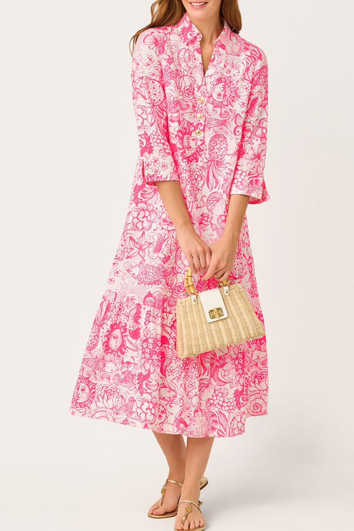 Tiered Pocket Floral Midi Shirt Dress