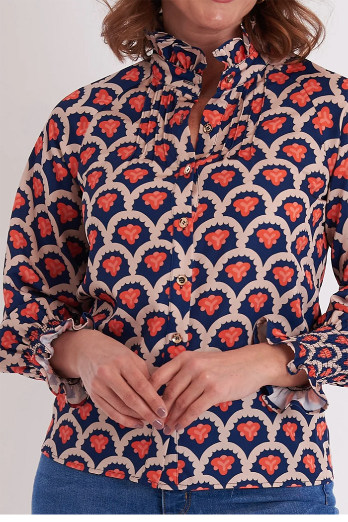 High Collar Button Print Top