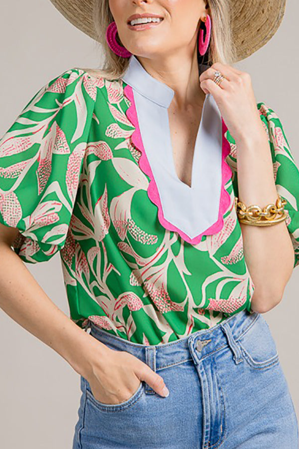 Scallop Neck Print Top