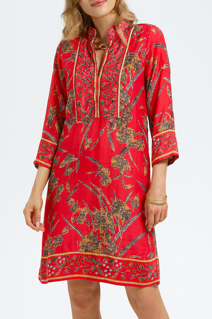 Flora Print Stand Collar Trim Tunic Dress