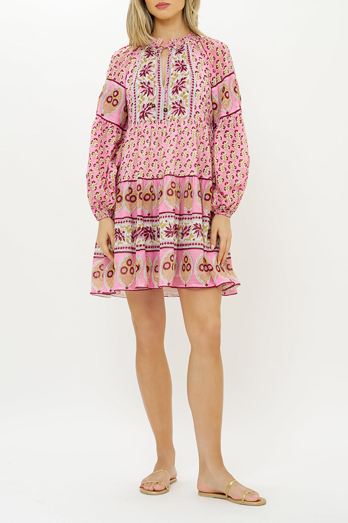 Block Print Balloon Sleeve Tiered Trapeze Mini Dress