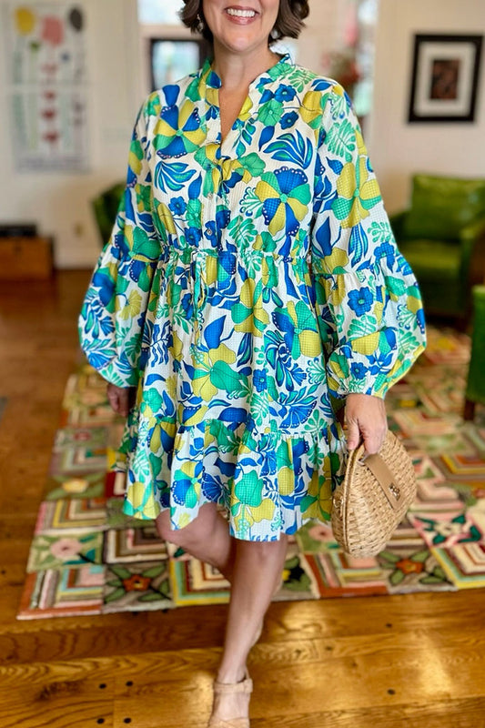 Long Sleeve Hibiscus Print Waist Dress