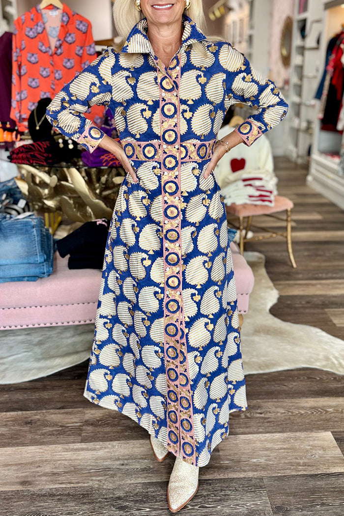 Retro Print Shirt Maxi Dress