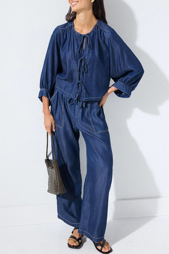 Tie Front Balloon Sleeve Wide Leg Denim Set