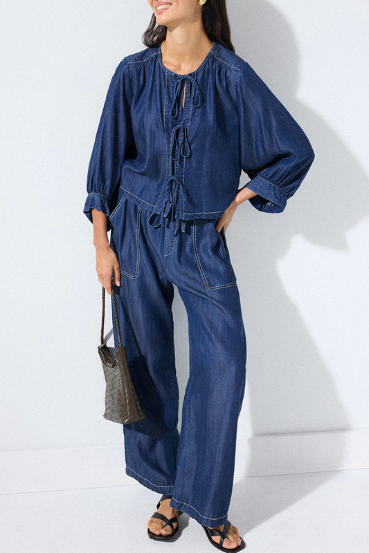 Tie Front Balloon Sleeve Wide Leg Denim Set