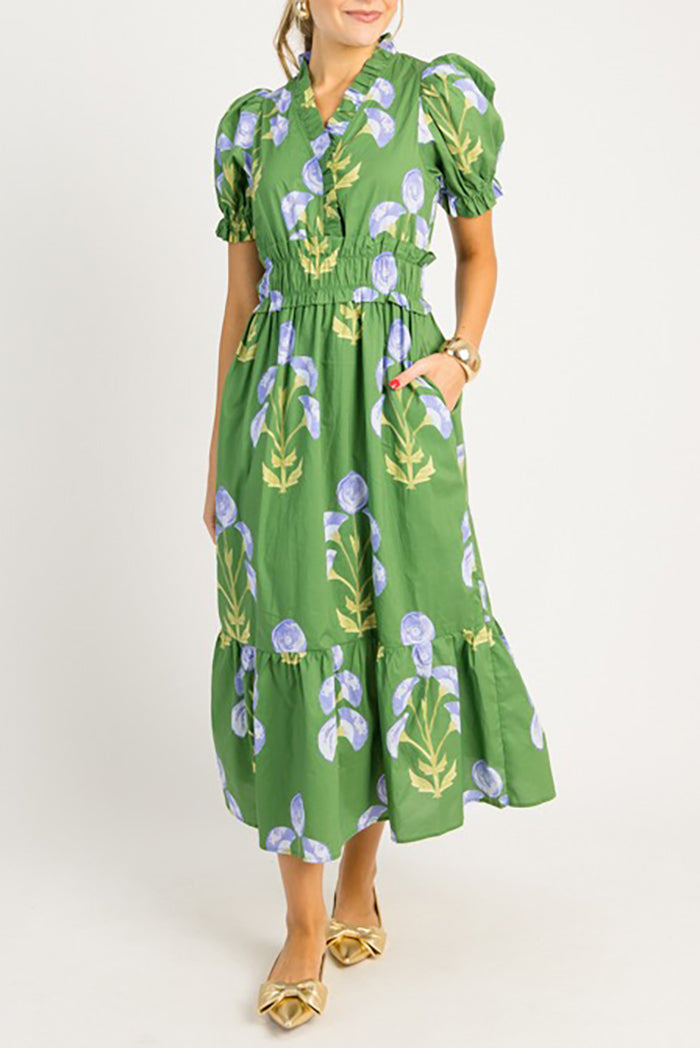 Floral Ruffle Collar Pockets Dress