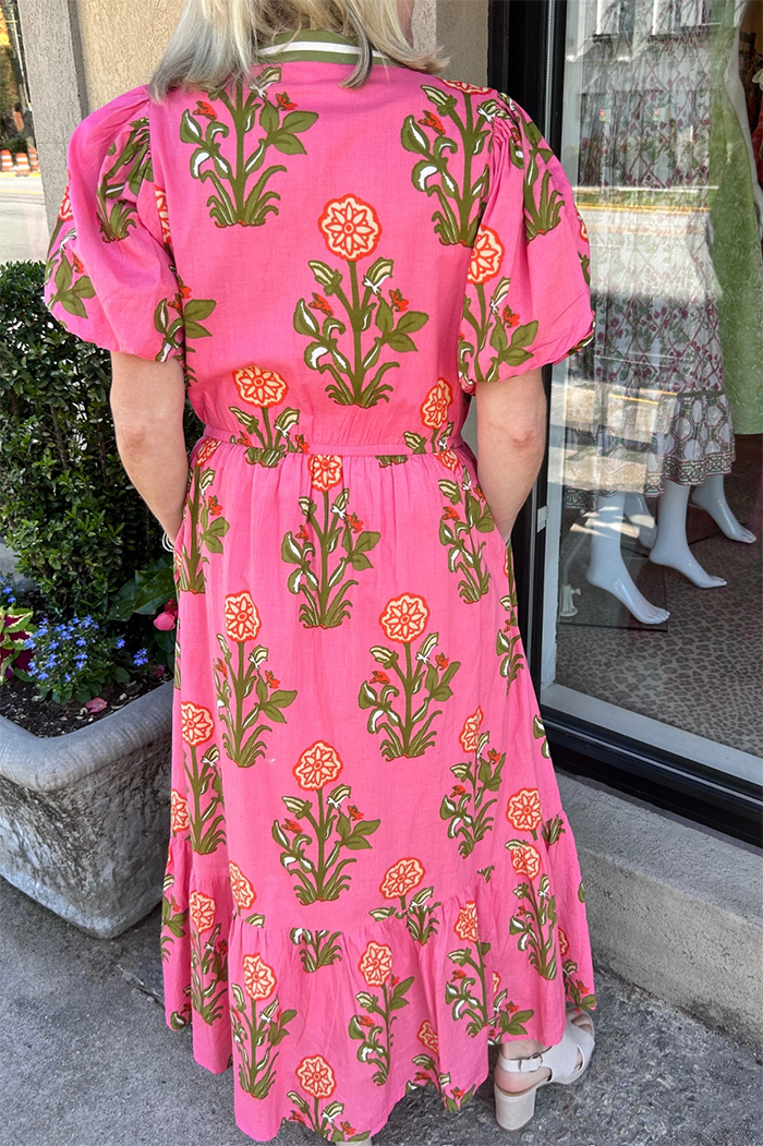 Striped Collar Puff Sleeves Pocket Floral Dress