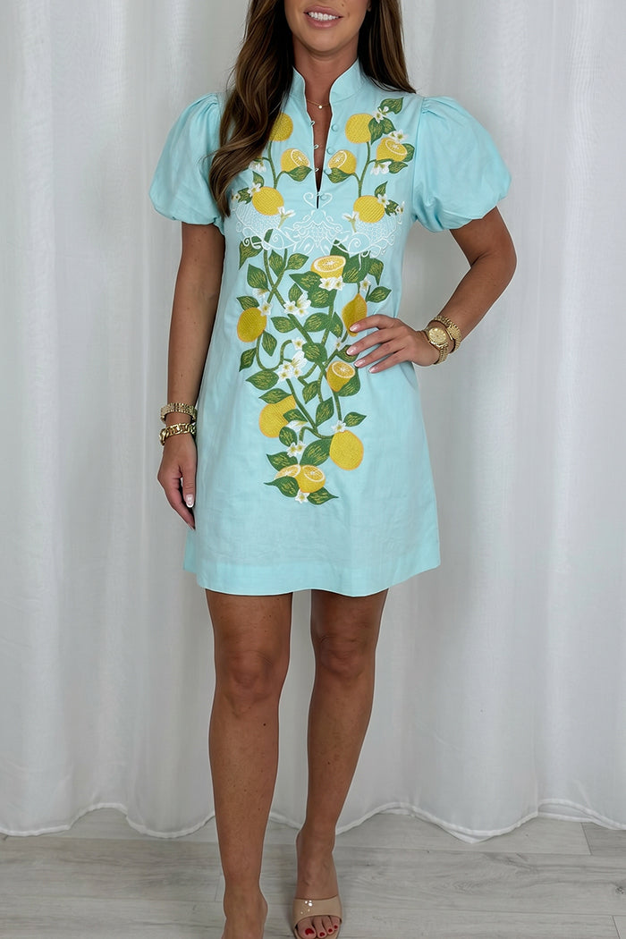 Light Mint Green Lemon Print Puff Sleeve Dress