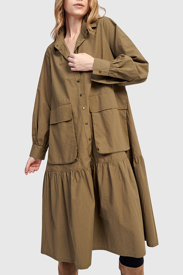 Button Front Ruffled Hem Pocketed Shirt Dress