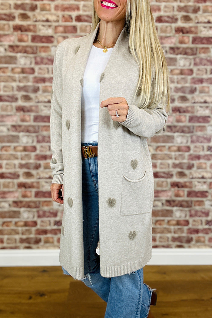 Fluffy Heart Front Pockets Knit Long Cardigan