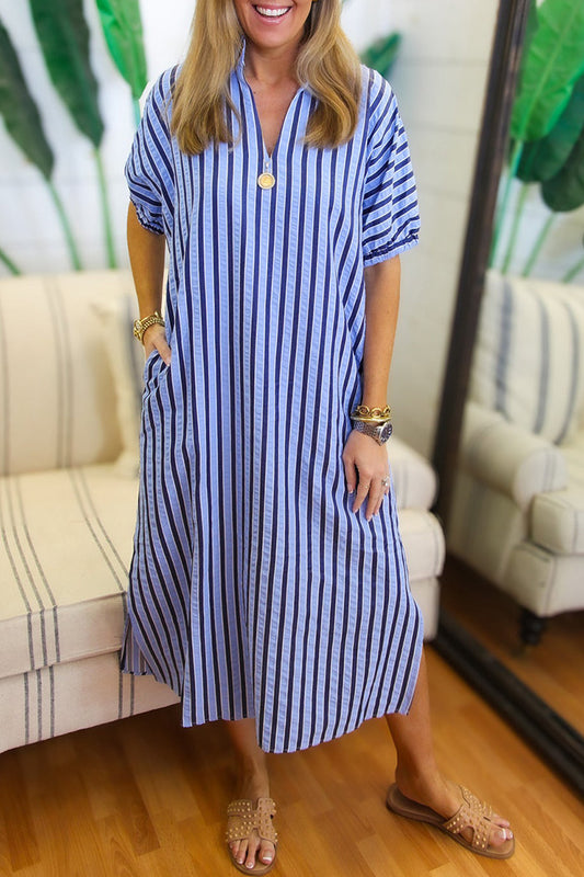 Striped Short Sleeve Pocket Midi Dress