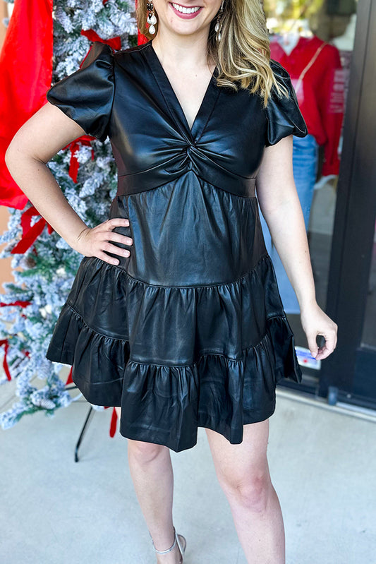 Twist-Front Puff-Sleeve Tiered Mini Dress