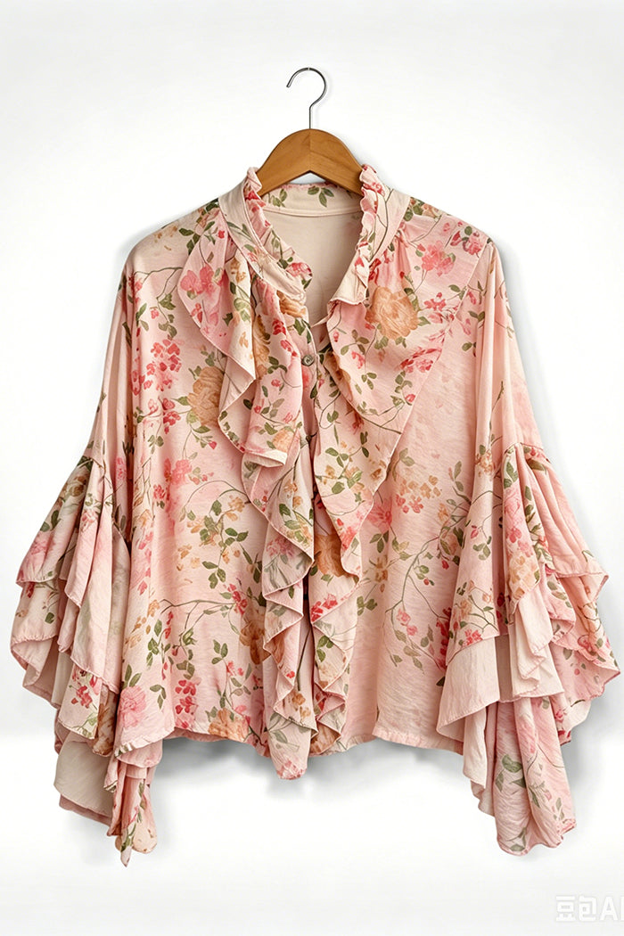 Vintage Floral Ruffle Front Layered Sleeve Top