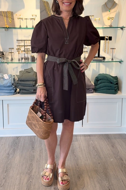 V-Neck Puff Sleeve Belt Dress