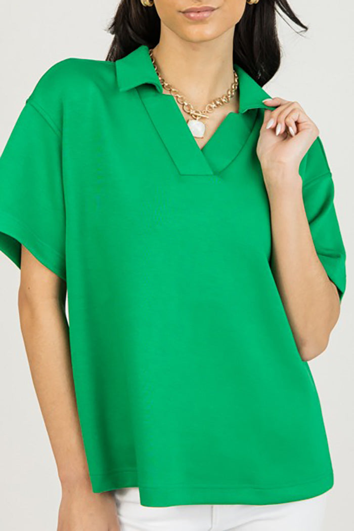 Kelly Green Polo Collar Casual Top