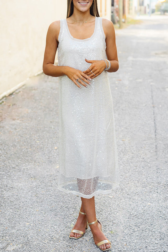 Cream Sequin Sleeveless Midi Dress