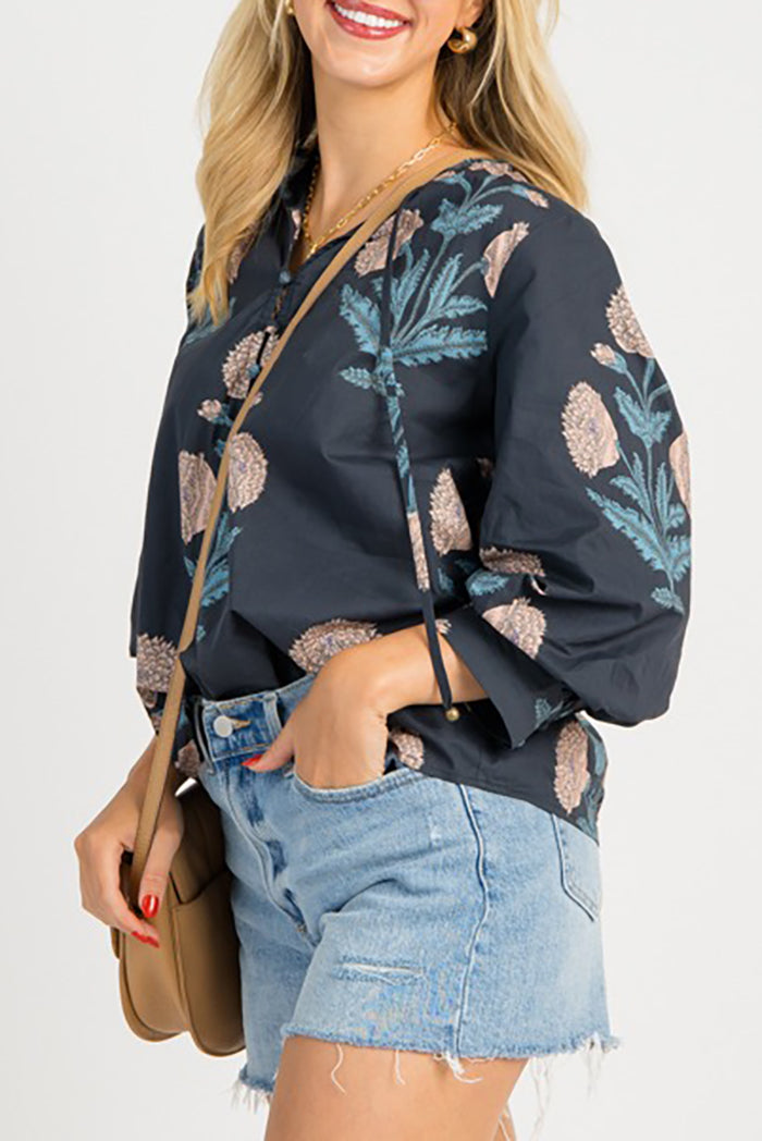 Floral Ruffle Collar Balloon Sleeves Top