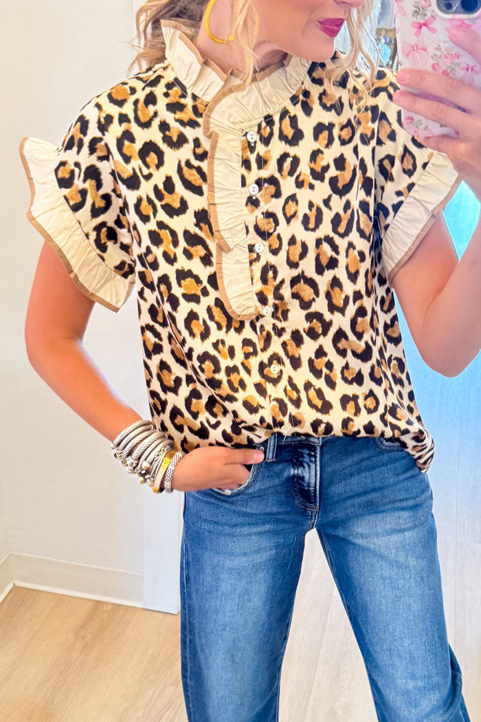 Short Sleeve Leopard Ruffle Detail Top