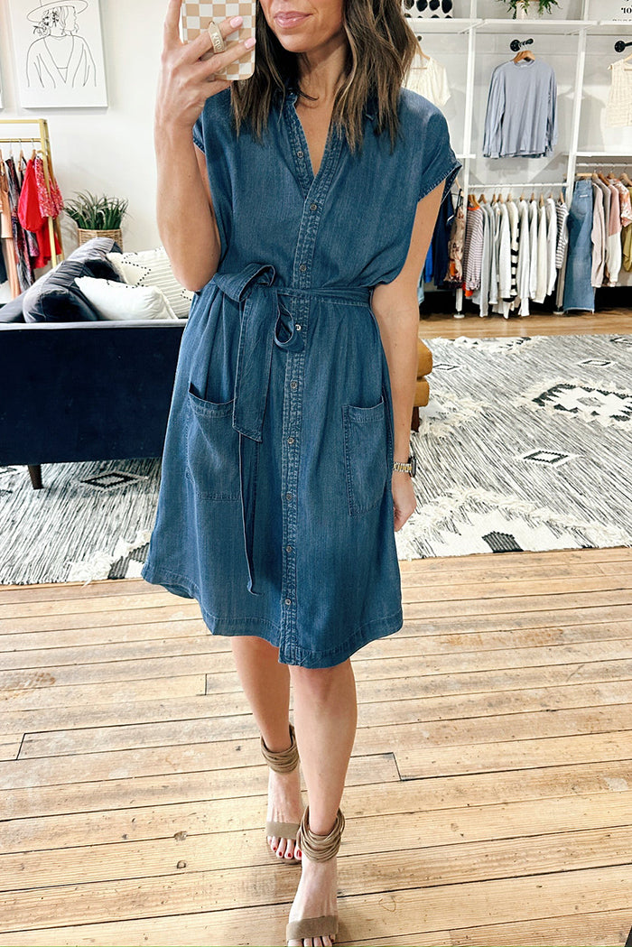 Denim Tie Waist Pocket Mini Dress