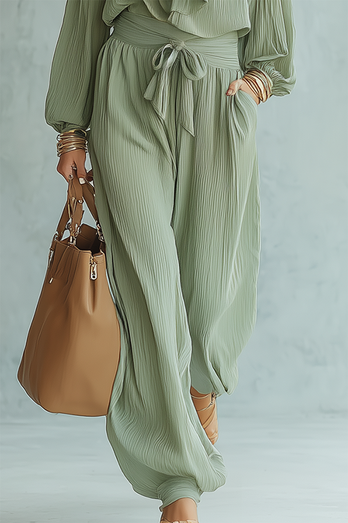 Ruffled Neck Belted Wide-Leg Set