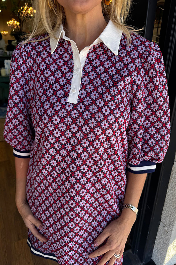 Contrast Trim 3/4 Sleeve Geo Print Dress