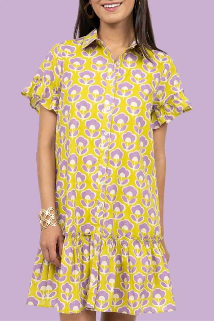 Floral Ruffles Button Pocket Dress