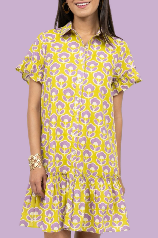 Floral Ruffles Button Pocket Dress