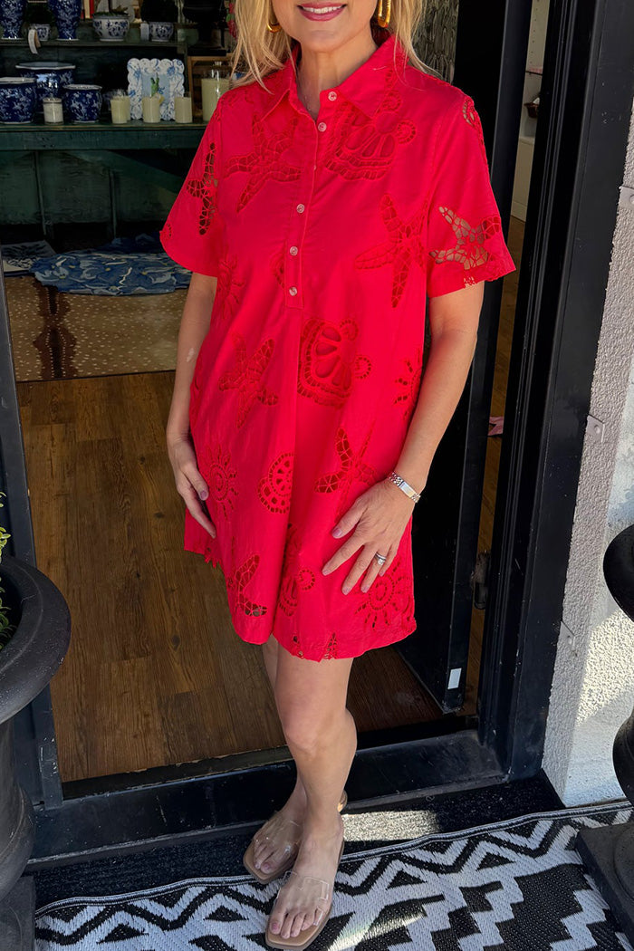 Seashell Eyelet Collared Pocketed Dress