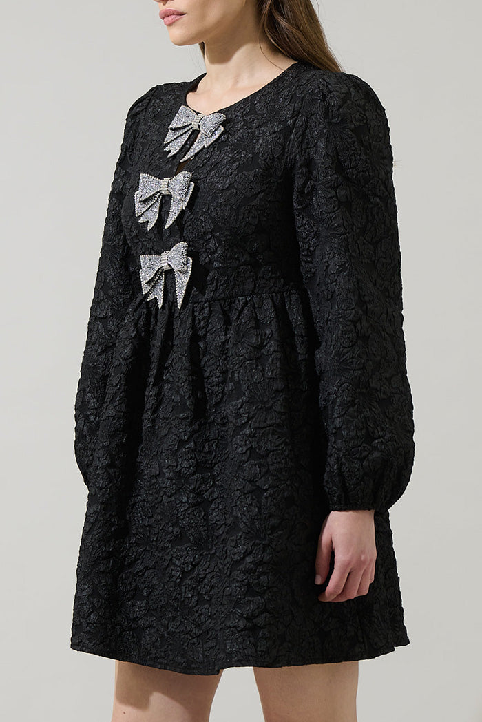 Black Textured Sequin Bow Puff Sleeve Dress
