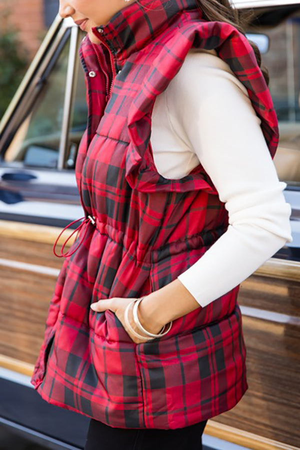 Plaid Ruffle Puffer Vest