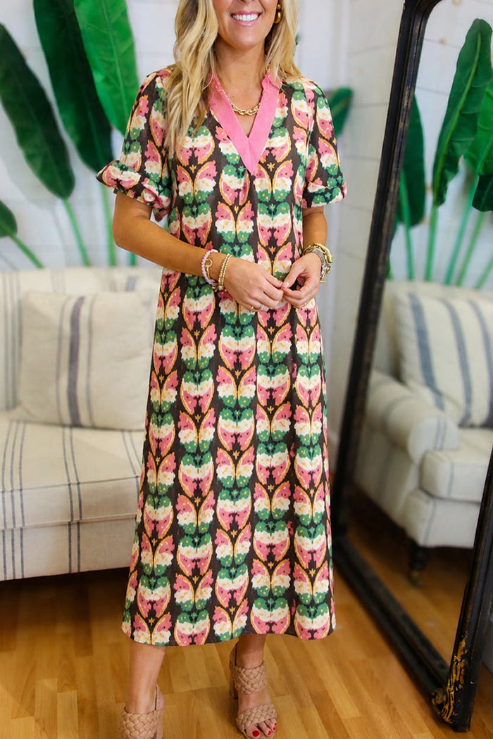 Contrast Trim Floral Puff Sleeve Maxi Dress