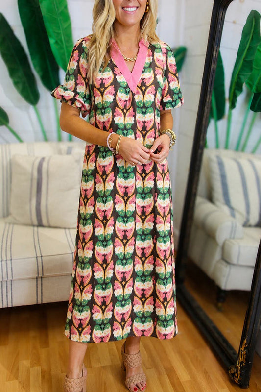 Contrast Trim Floral Puff Sleeve Maxi Dress