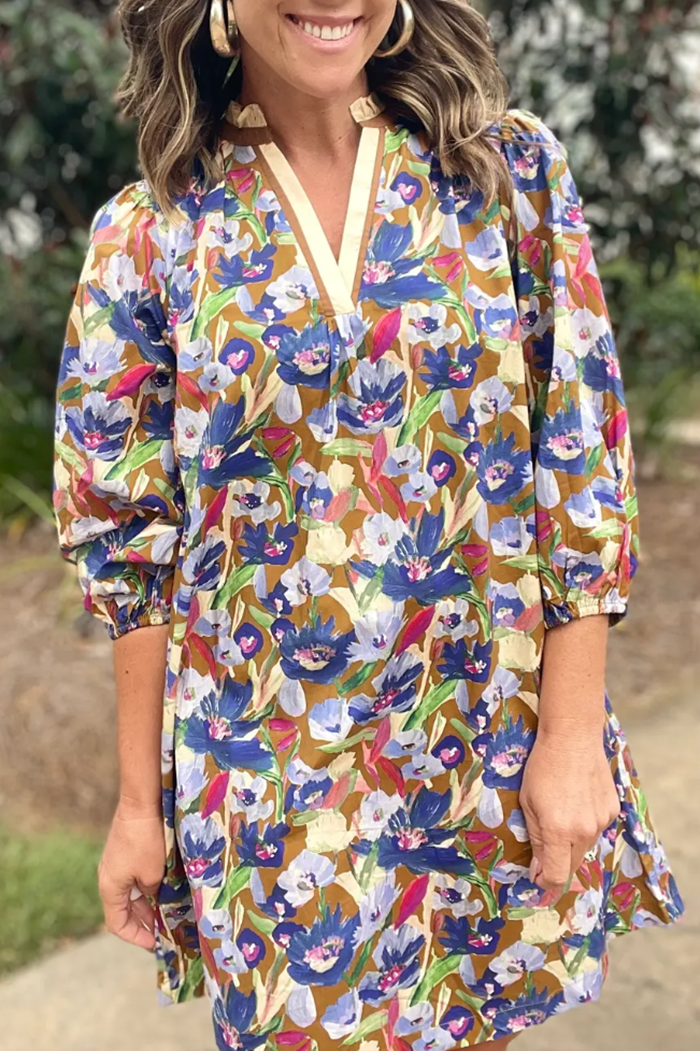 Boho Floral Balloon Sleeve Dress