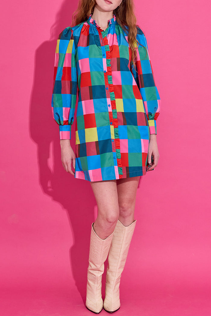 Puff-Sleeve Colorblock Pocket Dress