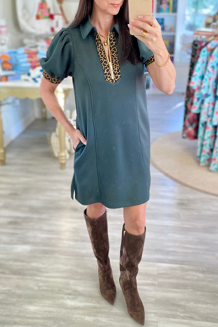 Pocketed Leopard Trim Puff Sleeve Mini Dress