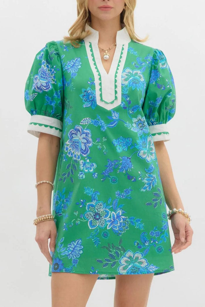 Floral Bubble Sleeve Mini Dress