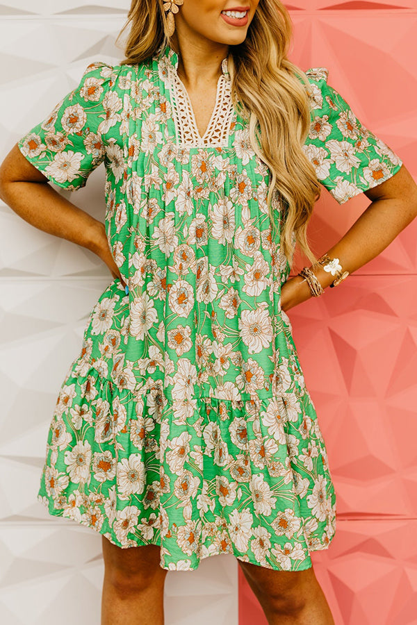 Crochet Notched Neck Floral Pleated Dress