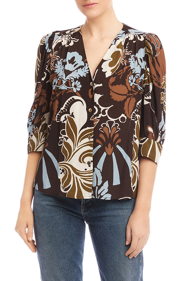 Shirred Sleeve Button-Up Top