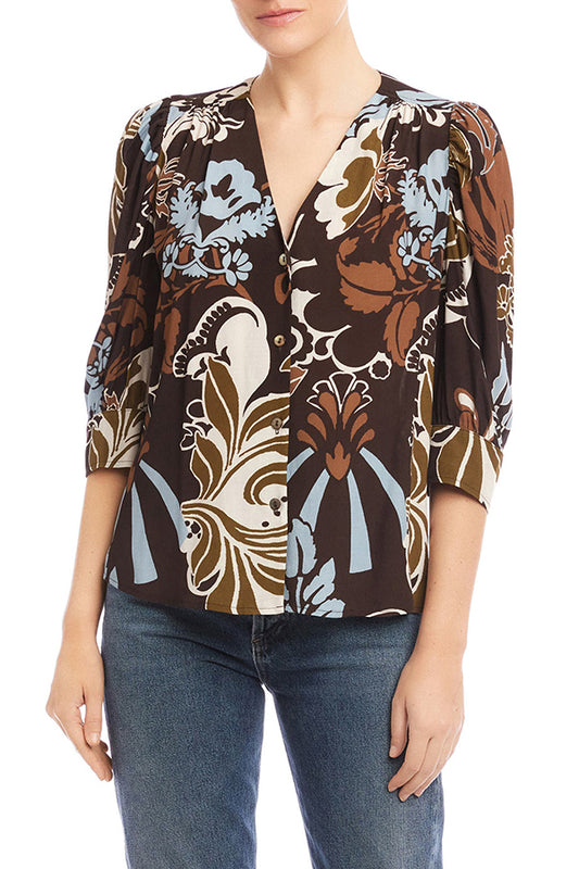 Shirred Sleeve Button-Up Top