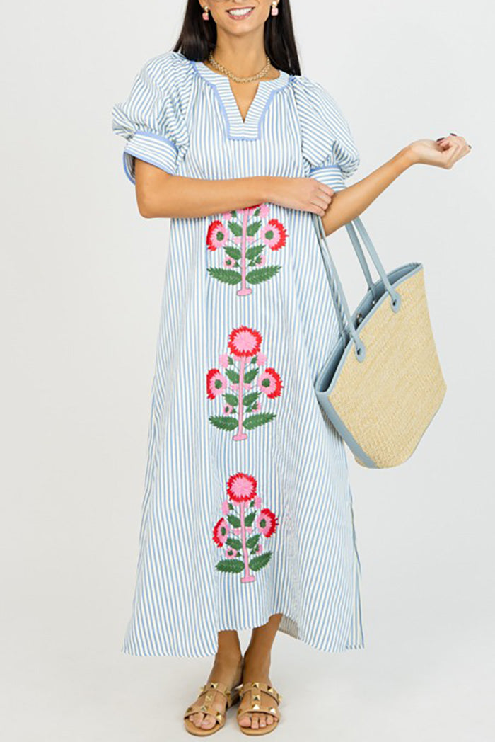 Striped Floral Embroidered Pocketed Maxi Dress
