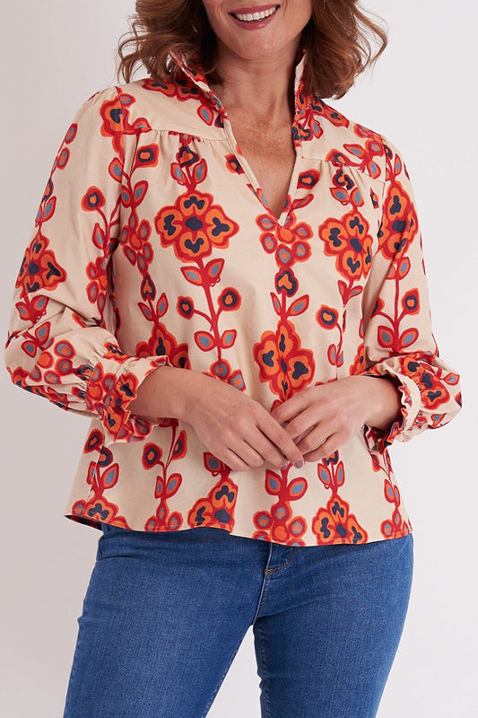 High Collar Button Print Top