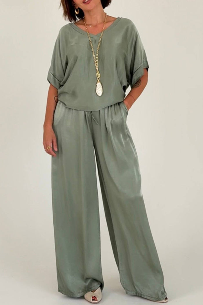 Casual Short Sleeve Wide Leg Pants Set