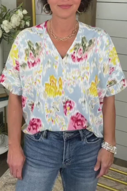 V-Neck Short Sleeve Floral Top