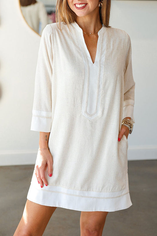 Trim 3/4 Sleeve Pocket Linen Dress