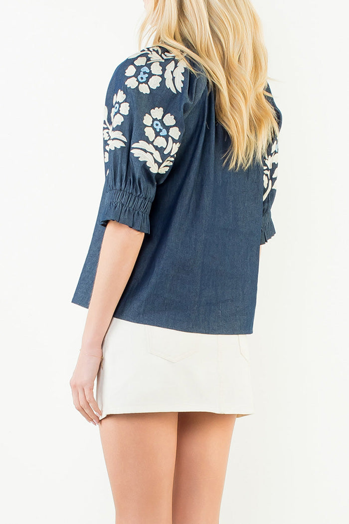 Puff Sleeve Floral Embroidery Top
